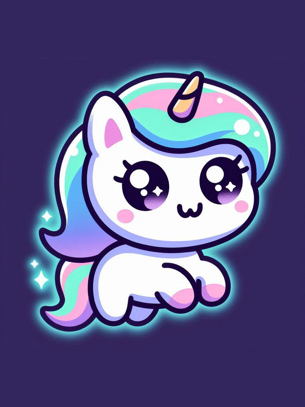 Halloween unicorn illustration ideas featuring a glowing unicorn with an ethereal blue and pink mane, bright eyes, and a cute expression, set against a dark background.